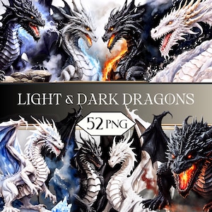 May include: Digital art featuring multiple dragons in various colors, including black, white, and silver. The dragons have detailed scales, wings, and fiery eyes. The image includes the text "LIGHT & DARK DRAGONS" and "52 PNG".