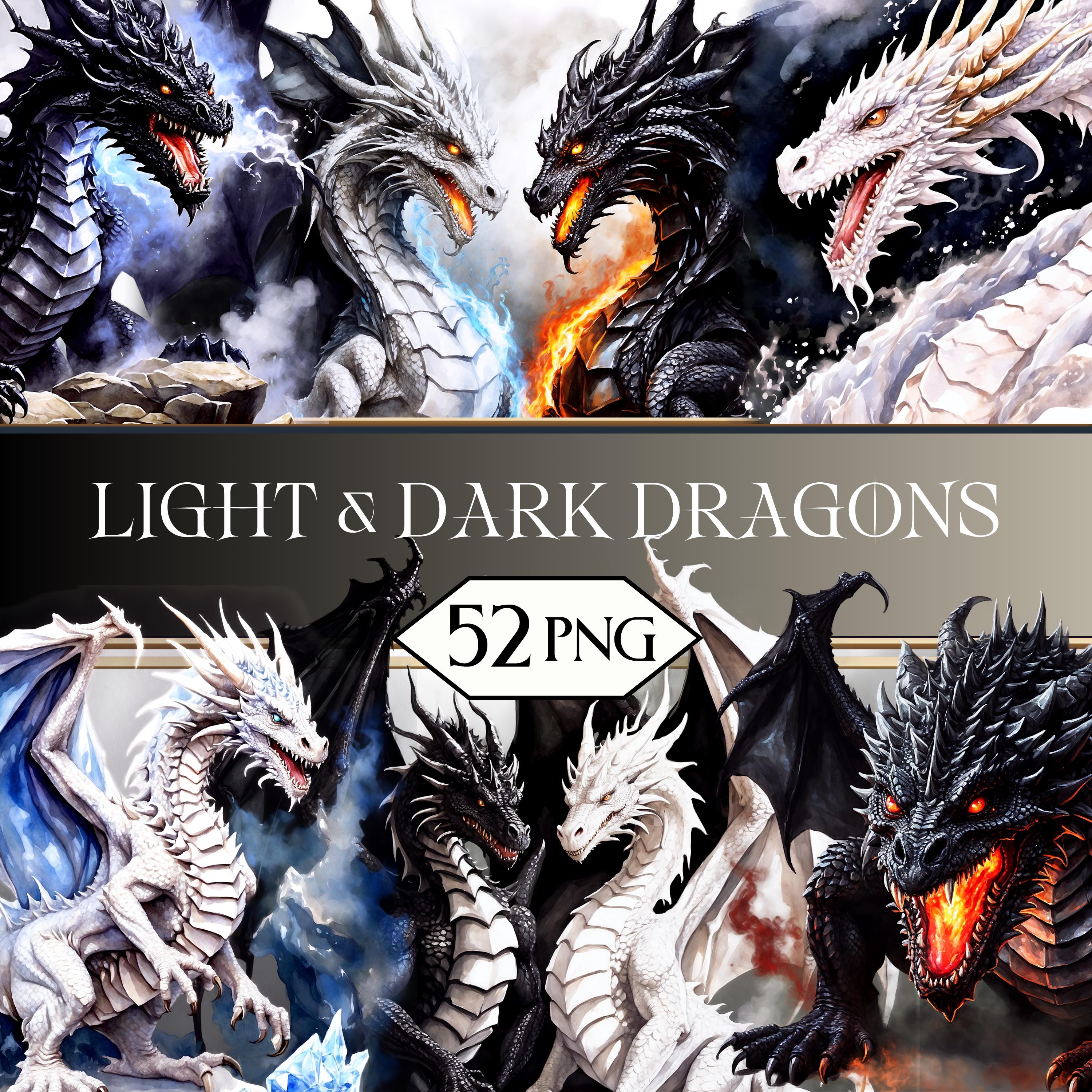 Light & Dark Dragons PNG Clipart Bundle • Fantasy Dragon Scrapbook Graphics for POD, Sublimation, Junk Journal • Black White jpeg Bundle