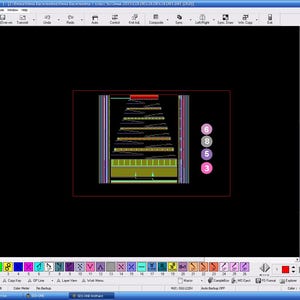 Puede incluir: Una pantalla de ordenador que muestra un diseño abstracto colorido con un patrón de cuadrícula. El diseño está rodeado de un fondo negro y una barra de herramientas con varios iconos y botones. Los números 6, 8, 5 y 3 son visibles en la pantalla.