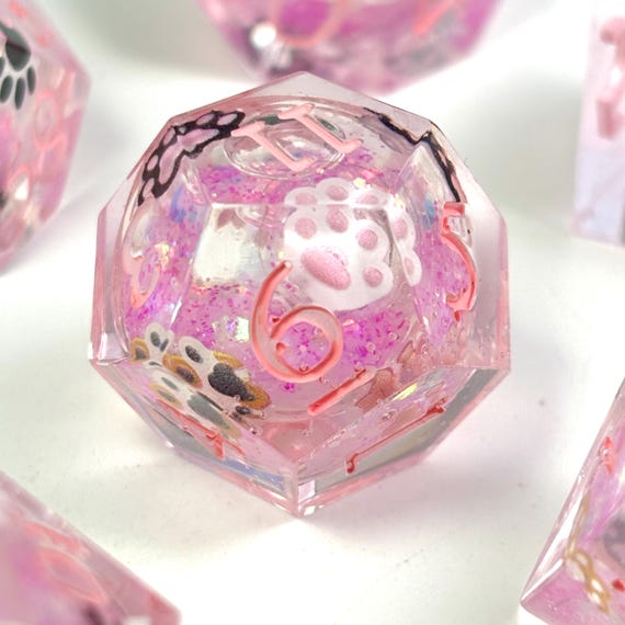 Dadi a nucleo liquido con zampa di gatto rosa, set di dadi in resina glitterata, dadi kawaii DND, regali per giochi di ruolo da tavolo, regali per
