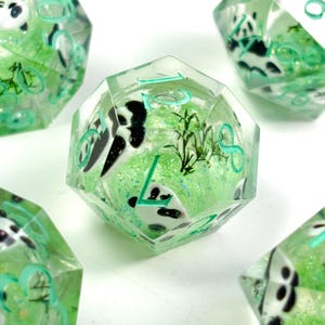 May include: Several polyhedral dice with a panda bear theme. The dice are clear with a green glitter background and panda bear images. The numbers are in a teal color. Bamboo stalks are also visible inside the dice.