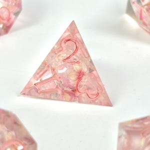 May include: A pink, triangular resin die with the number 2 in red. The die is filled with small, dried flowers in shades of pink and white. Other dice are visible in the background.