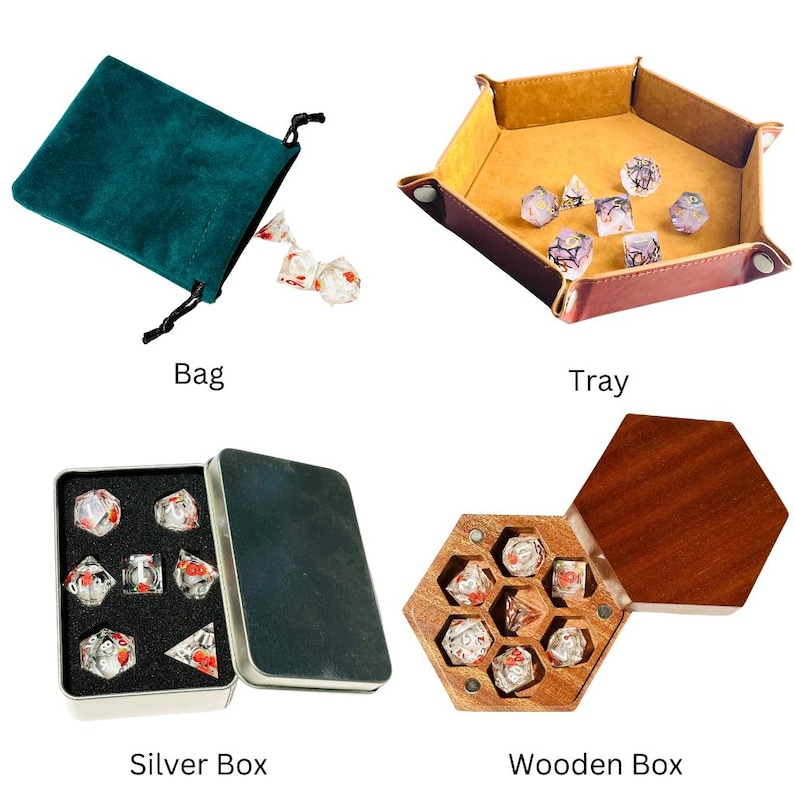 May include: An assortment of gaming accessories, including a green velvet bag, a brown and tan tray, a silver box, and a wooden box. Each container holds a set of clear, multi-sided dice with red floral designs.