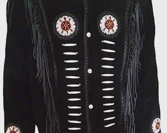 Men's Black Fringe Leather Jacket | Western Cowboy Jacket | Native Inspired Beaded Coat | Handmade Suede Fringe Jacket | Best Gift For Him