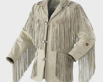 Men Western Cowboy Suede Fringe Jacket Beaded Native American Leather Jacket Handmade Cowboy Jacket Vintage Ranch Wear Best Gift For Him