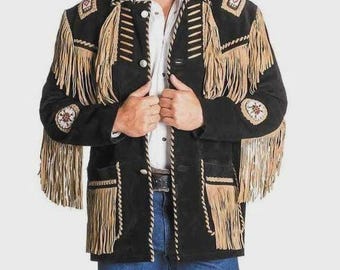 Men's Black Fringe Leather Jacket Western Cowboy Jacket Native Inspired Native Beaded Coat Handmade Suede Fringe Jacket Best Gift For Him