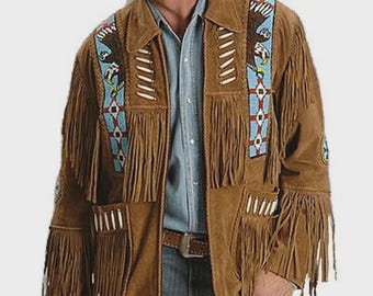 Men's Tan Fringe Leather Jacket Western Cowboy Suede Coat Vintage Ranch Wear Jacket Handmade Fringe Native Inspired Leather Gift For Him