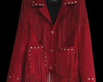 Women Red Suede Leather American Native Western Style Jacket With Fringes Cowgirl Studded Tassel Jacket Handmade Red Leather Coat Best Gift