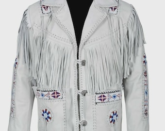 White Fringe Leather Jacket Men Western Native Inspired Jacket Handmade Beaded Leather Coat Cowboy Fringe Vintage Ranch Wear Gift For Him