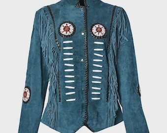 Women Blue Suede Leather American Native Western Style Jacket With Fringes Cowgirl Studded Tassel Jacket Handmade Red Leather Coat Best Gift