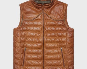 Men's Maverick Tan Quilted Leather vest Motorbike Sleeveless Zipper Stylish Outdoor Biker Vintage brown Body Warmer Best Gift For Him