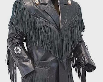 Men's Black Fringe Leather Jacket | Western Cowboy Jacket | Native Inspired Coat | Handmade Suede Fringe Jacket | Best Gift For Him