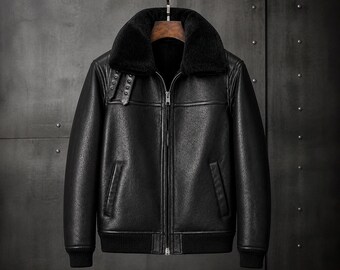 Men's Black B3 RAF Flight Bomber Aviator Leather Jacket Real Sheepskin Leather Jacket Shearling Fur Jacket Gift For Him