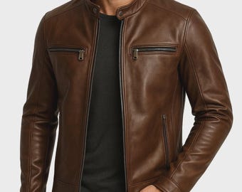 Men's Brown Leather Jacket | Vintage Cafe Racer Jacket | Handmade Biker Leather Coat | Classic Motorcycle Jacket for Men | Gift for Him