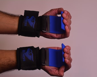 Ganchos para levantamiento de pesas con soporte acolchado para la muñeca – Ayuda de agarre para peso muerto y dominadas (azul)