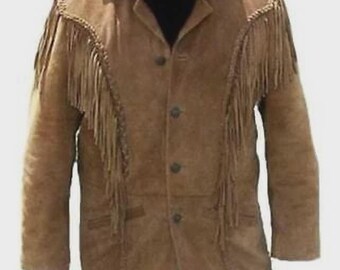 Men's Tan Fringe Leather Jacket Western Cowboy Suede Coat Vintage Ranch Wear Jacket Handmade Fringe Native Inspired Leather Gift For Him