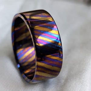 White Timascus Ring | Mokuti Titanium Damascus Band | Flame Anodised High Polish Custom Ring Made to Order