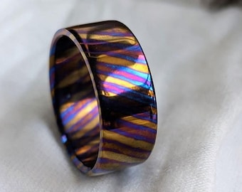 White Timascus Ring: Flame Anodized Titanium Damascus Band