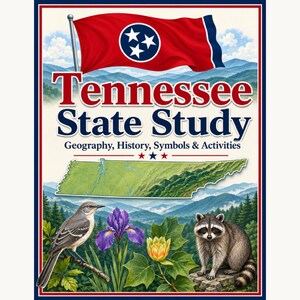 Könnte beinhalten: Ein Tennessee State Study Lehrbuch-Cover mit der Staatsflagge, einer Karte von Tennessee, einer Spottdrossel, einer Schwertlilie, einer Tulpenbaumblüte und einem Waschbären vor einer Berglandschaft. Der Text lautet Tennessee State Study Geography, History, Symbols & Activities.