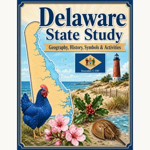 Könnte beinhalten: Ein Buchcover mit dem Titel Delaware State Study: Geography, History, Symbols & Activities. Es zeigt eine Karte von Delaware, ein blaues Huhn, Pfirsichblüten, einen Pfeilschwanzkrebs, Stechpalmen, die Staatsflagge und einen Leuchtturm am Sandstrand.