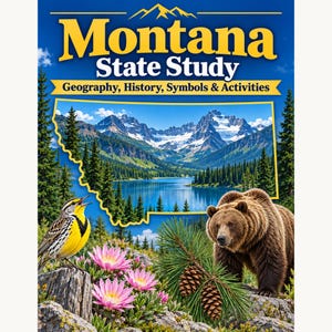 Könnte beinhalten: Ein Buchcover mit dem Titel Montana State Study: Geography, History, Symbols & Activities. Es zeigt einen gelben Umriss von Montana mit einer Bergseelandschaft, einer Wiesenstärling, rosa Bitterwurz-Blüten und einem braunen Grizzlybären.