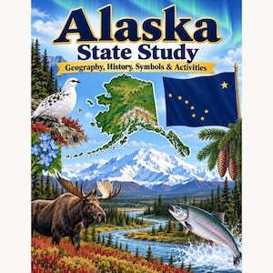 以下が含まれることがあります： 「Alaska State Study Geography, History, Symbols & Activities」というタイトルのブックカバー。アラスカの地図、州旗、ライチョウ、ヘラジカ、サケ、青いワスレナグサの花、雪に覆われた山々の風景が描かれています。