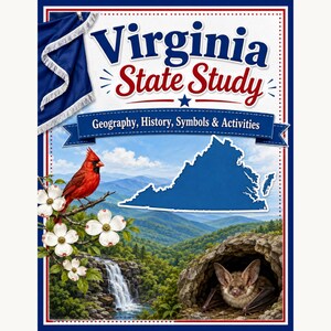 Op de afbeelding: Een boekomslag met de titel Virginia State Study: Geography, History, Symbols & Activities. Het toont een blauwe kaart van Virginia, een rode kardinaal op een kornoeljetak, een waterval en een vleermuis in een grot, met een blauwe rand.