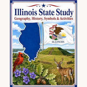 Op de afbeelding: Educatieve poster getiteld Illinois State Study: Geography, History, Symbols & Activities. Het toont een blauwe kaart van Illinois, de staatsvlag, een rode kardinaal, een witstaarthert, paarse viooltjes, eikenbladeren, eikels en een grafheuvel.