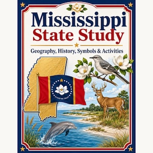 May include: A book cover titled Mississippi State Study: Geography, History, Symbols & Activities. It features a gold map of Mississippi, the state flag, a mockingbird on a magnolia branch, a white-tailed deer, and a dolphin in the water.