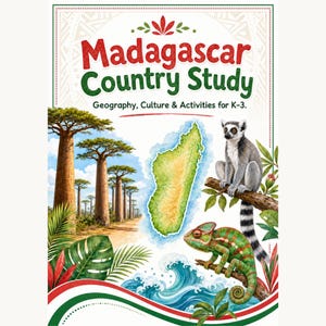 Peut inclure: Une couverture de livre éducatif Madagascar Country Study avec le titre, une carte de Madagascar, des baobabs, un lémurien à queue annelée et un caméléon vert. Le design inclut du feuillage tropical, des vagues et des accents rouges et verts.