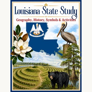 Pode incluir: Uma capa de livro intitulada Louisiana State Study: Geography, History, Symbols & Activities. Apresenta um mapa azul da Louisiana, uma flor de magnólia branca, um pelicano castanho num poste, um urso preto e uma paisagem.