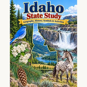 Op de afbeelding: Een boekomslag met de titel Idaho State Study: Geography, History, Symbols & Activities. Het toont een blauwe vogel, witte bloemen, een dennenappel en een Appaloosa-paard. Een centrale kaartomtrek toont een berglandschap met een rivier.