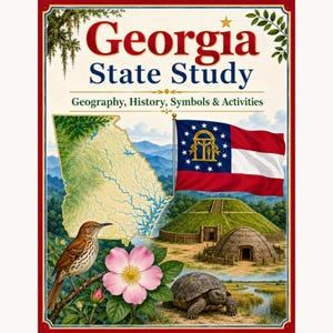 Könnte beinhalten: Ein Buchcover mit dem Titel Georgia State Study: Geography, History, Symbols & Activities. Es zeigt eine Karte von Georgia, die Staatsflagge, einen Braundrossling, eine Cherokee-Rose, eine Gopherschildkröte und einen historischen Grabhügel.