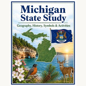 Pode incluir: Uma capa de livro intitulada Michigan State Study: Geography, History, Symbols & Activities. Apresenta um mapa de Michigan, a bandeira do estado, uma costa rochosa, flores de macieira, um tordo-americano, um ramo de pinheiro e um veado.