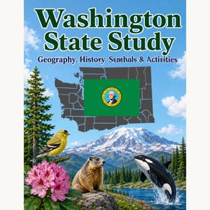 以下が含まれることがあります： 「Washington State Study: Geography, History, Symbols & Activities」というタイトルのブックカバー。ワシントン州の地図、州旗、ゴシキヒワ、マーモット、シャチ、シャクナゲ、青い空を背景にした雪を頂いた山々が描かれています。