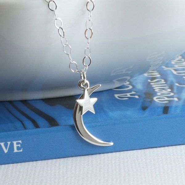 Sterling Silver Celestial Crescent Moon and Star Necklace or Charms, I Love You To The Moon And Back, Small Moon, Astronomy, Gift for Her