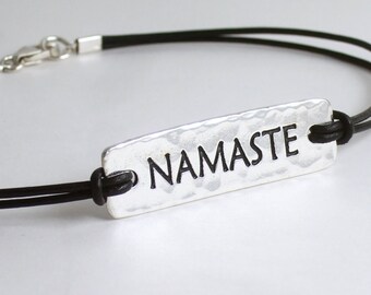 Sterling / Fine Silver Namaste Bracelet/Anklet/Ankle, Leather or Waxed Cotton Cord (Black,Brown,Gray,Red,Blue,Turquoise,Purple,...) His/Hers
