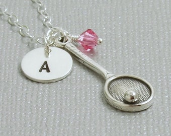 Sterling Silver Tennis Necklace with Initial, Personalized (Birthstone/Pearl Bead and Hand Stamped Initial/Letter Disc), 3D Racquet/Ball