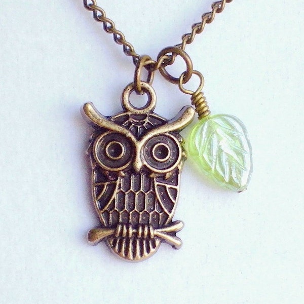 Wise Owl Antique Brass Plated Necklace, Peridot Leaf Bead, Graduation Gift for Teacher, Friend, Bird Watcher, Owl Lover