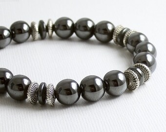 Hematite Silver Bead Bracelet, Rondel and Round Beads, Elastic Stretch Bracelet, Gift for Men, Women, Him or Her, Unisex Jewelry