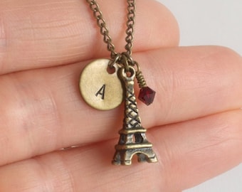 Eiffel Tower Necklace, Personalized Hand Stamped Disc (A or no disc), Birthstone/Pearl Bead, Antique Brass Plated, Paris, Graduation Gift