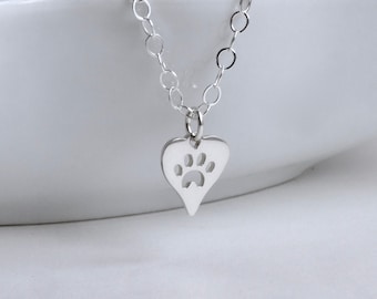 Tiny Paw Print Heart Necklace, Sterling Silver, Cat/Dog Mom Gift, Veterinarian/Vet Jewelry, Pet, Animal Rescue, Memorial Jewelry