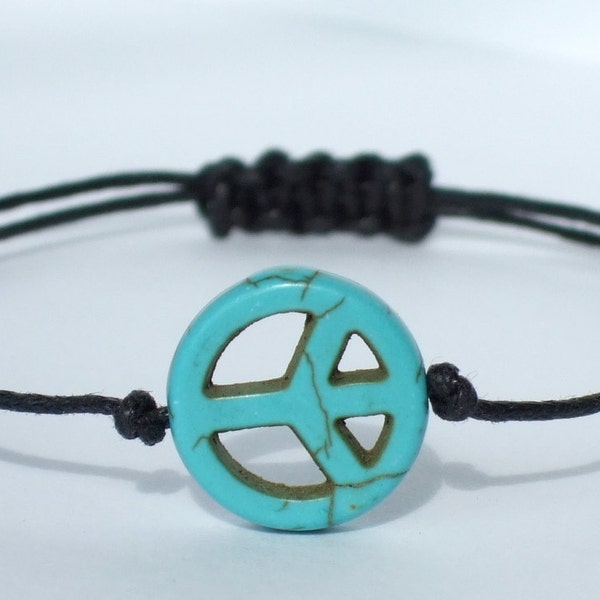 Peace Sign Bracelet, Reconstituted Turquoise, Waxed Cotton Cord-18 Colors (Black, Brown, ...,) Adjustable, Gift for Him or Her