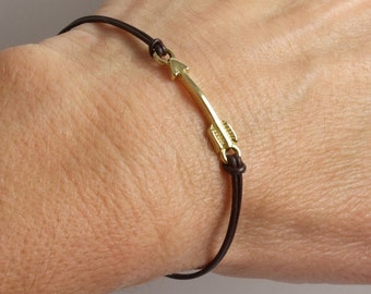 Gold Sideways Arrow Bracelet or Anklet: Leather/Waxed Irish Linen/Cotton Cord-Black,Brown,..., Valentine's Day