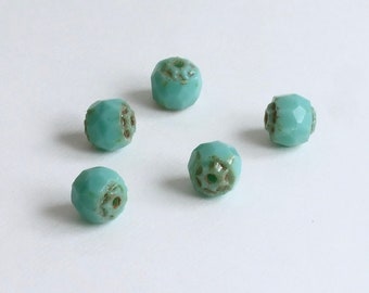 5 Turquoise Blue Czech 6mm Glass Beads, Mossy Green Picasso Finish, Renaissance Cut Faceted Round, Fire Polished, Destash Sale