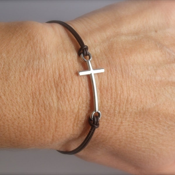 Silver Sideways Cross Leather Bracelet/Anklet/Ankle (Color Choices - Black, Brown, Red, Turquoise, Blue, Pink) - Unisex