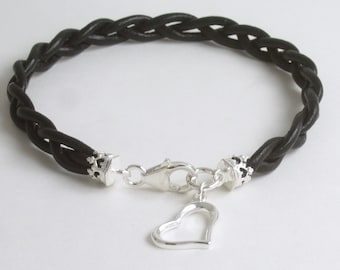 Braided Black Leather and Sterling Silver Bracelet, 6.5", Optional Heart Charm and Birthstone, Mothers Day Gift, 3rd Anniversary (Leather)