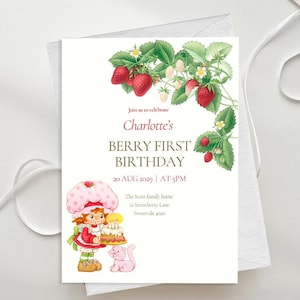 Berry First Birthday Party Invitation Template Strawberry themed Invitation girls birthday Invite Digital Download Strawberry shortcake