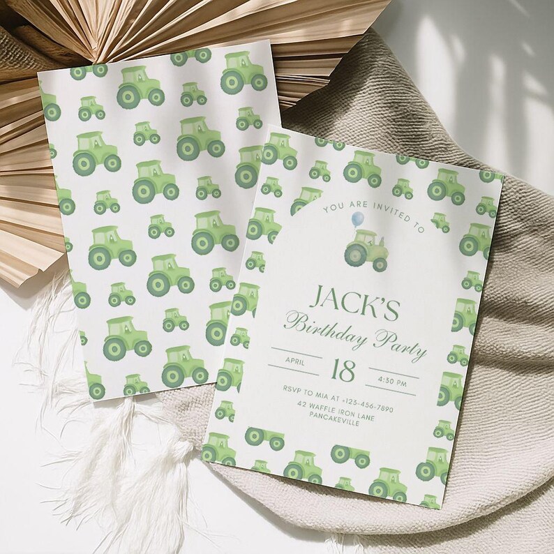 Green Tractor Birthday Invitation: Farm Theme Party (digital Download ...