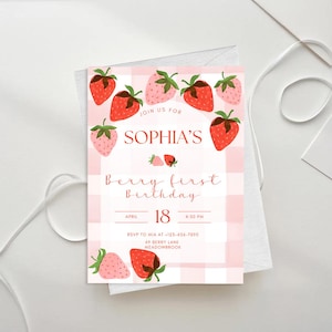 Berry First Birthday Party Invitation Template Strawberry themed Invitation girls birthday Invite Digital Download Strawberry shortcake